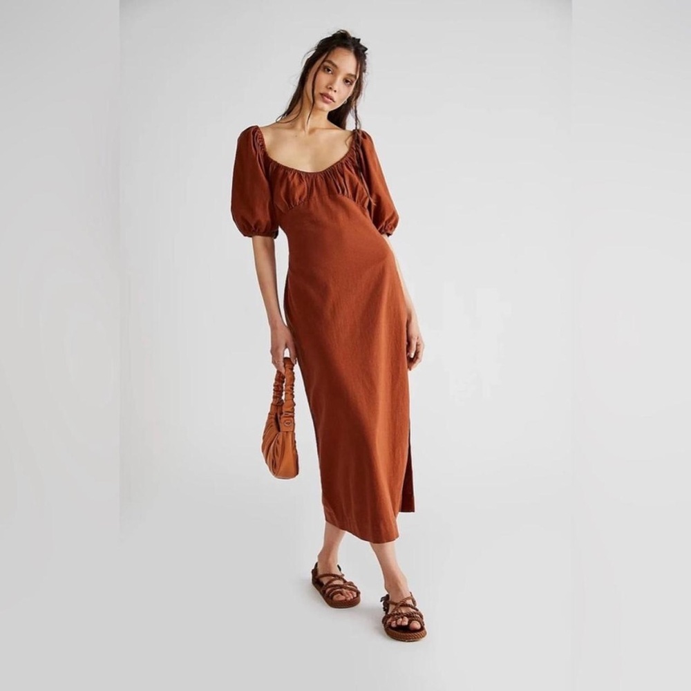 Free People Cosmos Midi Dress in Desert Topaz Brown XS 100% Cotton